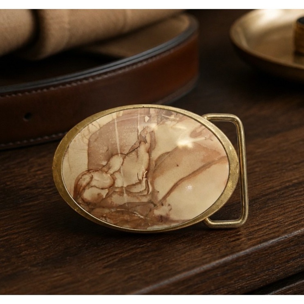 Vtg Brass Willow Creek Jasper Belt Buckle- Eagle, Idaho Hand Polished Porcelain